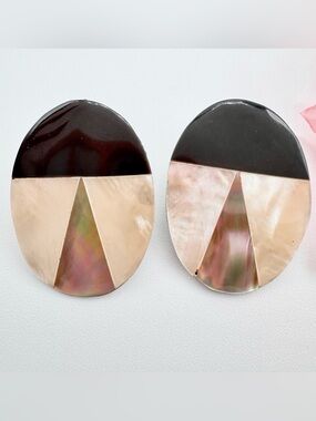 Vintage Mother Of Pearl MOP Inlay Colorblock Earrings Abstract Beetle Geometric